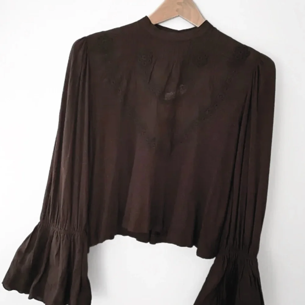 FREE PEOPLE Boho Femme Fatale Embroidered Long Sleeve Top - Anthracite
